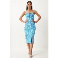 Florales Ripp-Midikleid mit Schlitz