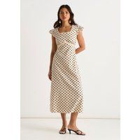 Punktiertes Midikleid mit Spitzenbesatz