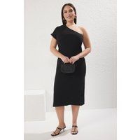 Einseitig schulterfreies Rippstrick-Midikleid