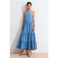 Gestuftes Halterneck-Denim-Midikleid