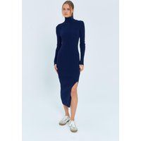 Geripptes Rollkragen-Midikleid mit Schlitz