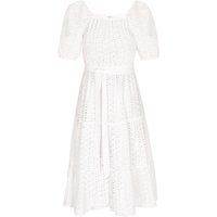 Midi-Kleid mit Lochstickerei und Puffärmeln