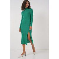 Geripptes Midi-Strickkleid mit Stehkragen