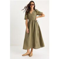 Strukturiertes V-Ausschnitt Midi-Wickelkleid