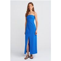 Trägerloses strukturiertes Midikleid mit Schlitz