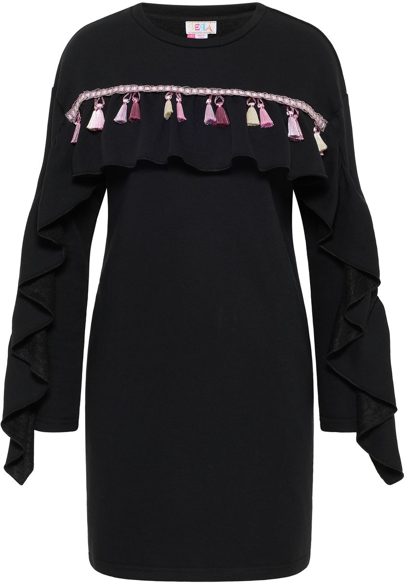 Volant-Sweatkleid mit bunten Quasten