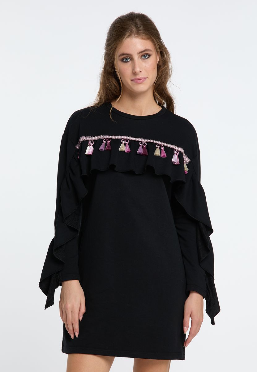 Volant-Sweatkleid mit bunten Quasten