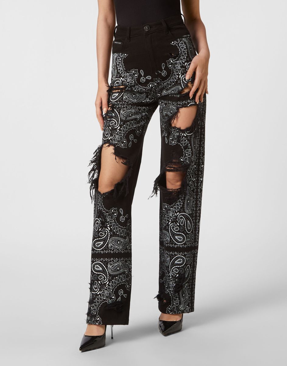 Distressed Paisley-Print Weitbein-Jeans
