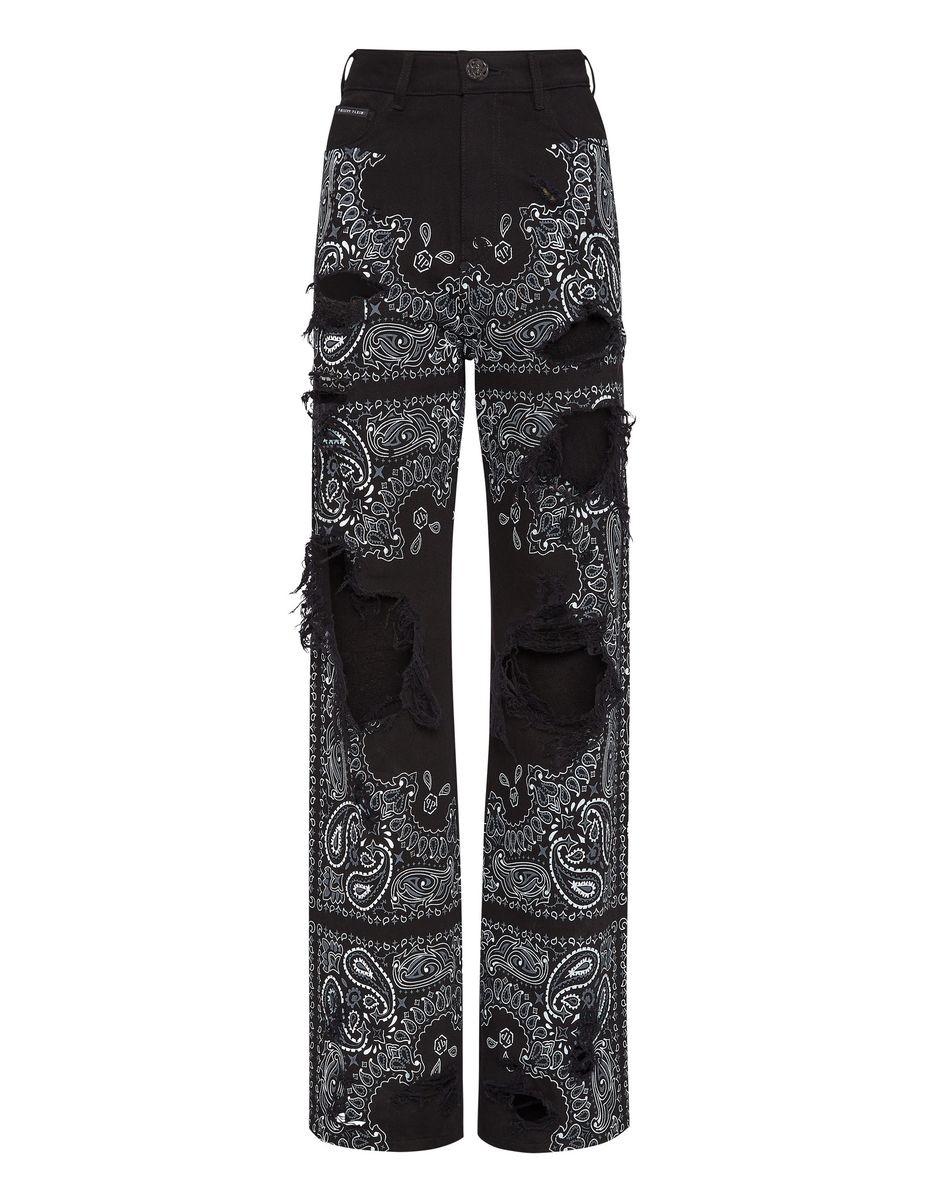 Distressed Paisley-Print Weitbein-Jeans