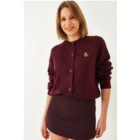 Rippstrick-Cardigan mit Bären-Stickerei
