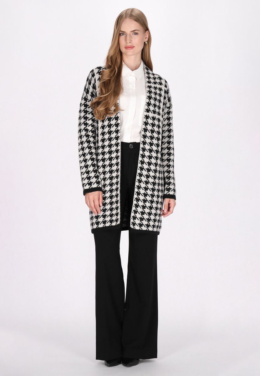 Langer Cardigan mit Hahnentritt-Muster