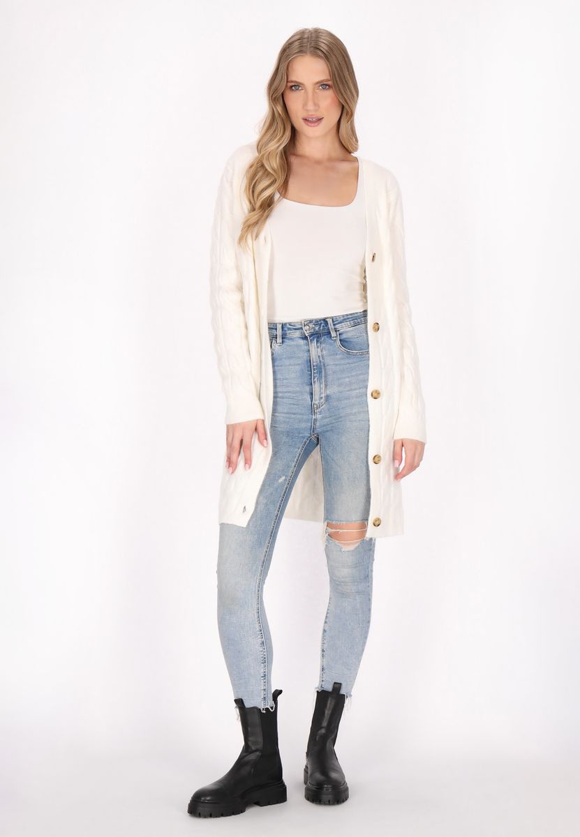 Lange Strickjacke mit Zopfmuster