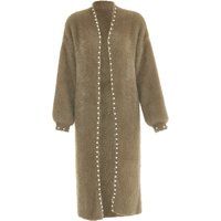 Langer flauschiger Cardigan mit Perlenbesatz