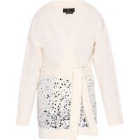 Lange Strickjacke mit Gürtel und Pailletten