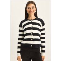 Flauschiger gestreifter Cardigan mit Rundhals