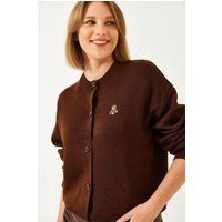 Rippstrick-Cardigan mit Teddybär-Stickerei