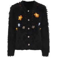 Zottelige Strickjacke mit Blumenapplikationen