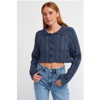 Kurzer Zopfstrick-Cardigan mit Polokragen