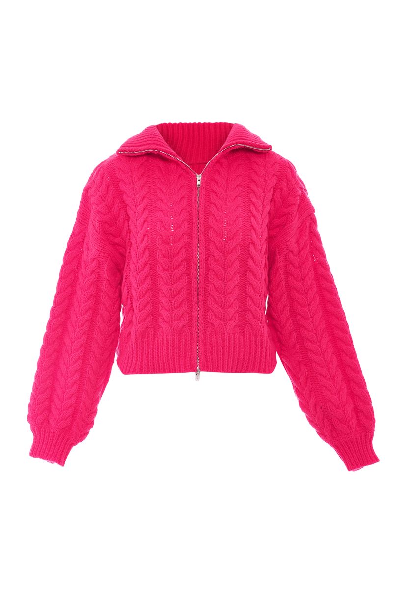 Kurze Zopfstrickjacke mit Reißverschluss