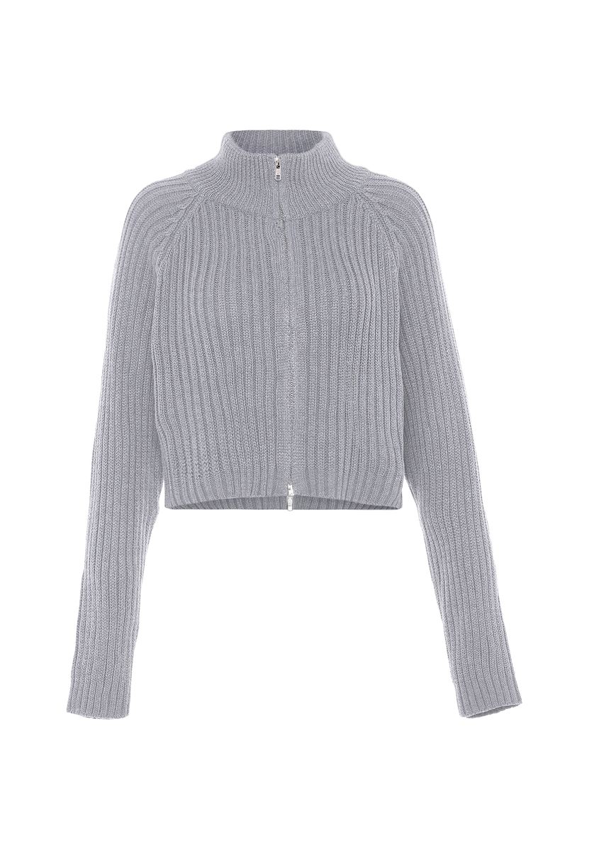 Gerippte Cropped-Strickjacke mit Reißverschluss