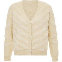 Strukturierte Fransenstrickjacke mit Perlenknöpfen