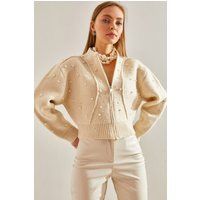 Perlenverzierter Crop-Cardigan mit Reißverschluss