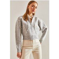 Perlenverzierter Crop-Cardigan mit Reißverschluss