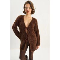 Zotteliger Midi-Cardigan mit Bindebändern