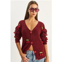 V-Ausschnitt Cardigan mit Kirsch-Applikationen