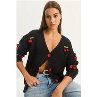 Rippstrick-Cardigan mit Kirsch-Stickerei