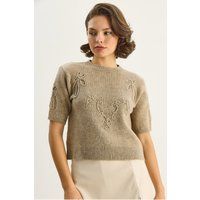Bestickter Kurzarm-Strickpullover