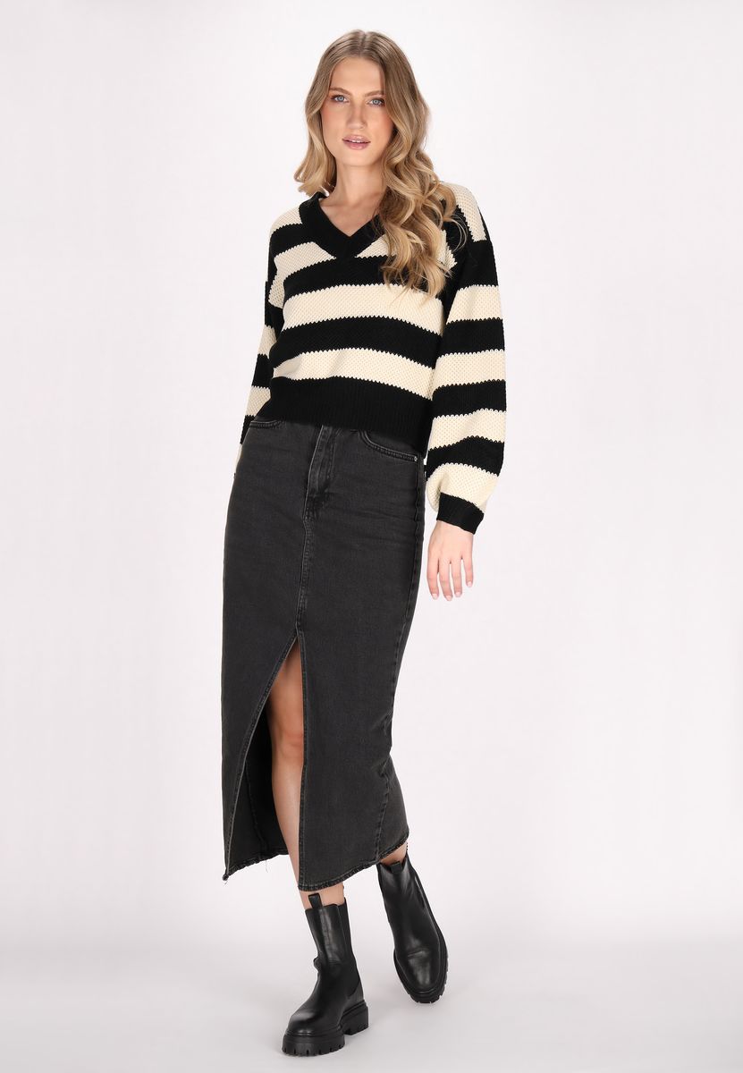 Gestreifter V-Ausschnitt Strickpullover