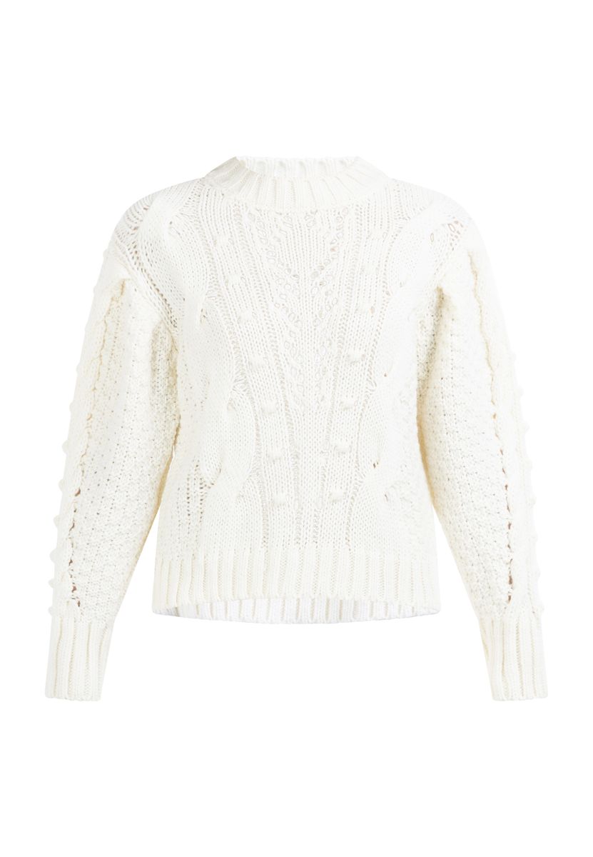 Grobstrickpullover mit Zopfmuster und Wollanteil