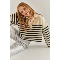 Gestreifter Crop-Pullover mit Knopfkragen