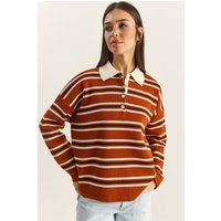 Gestreifter Strick-Polo-Pullover mit Knöpfen