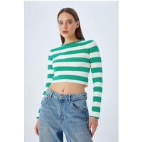 Gestreifter Langarm-Crop-Strickpullover