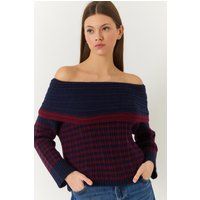 Gestreifter schulterfreier Rippstrick-Pullover