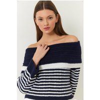 Gestreifter Schulterfreier Rippstrick-Pullover