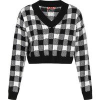 Karierter Cropped-Strickpullover mit V-Ausschnitt