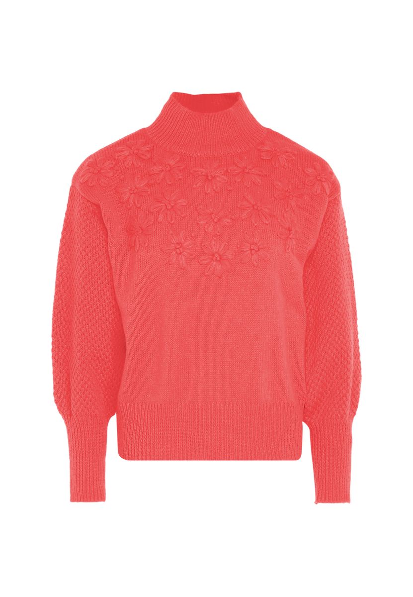 Stoffpullover mit Blumenstickerei und Stehkragen
