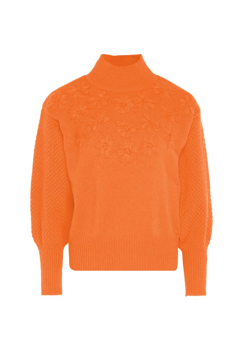 Bestickter Strickpullover mit Laternenärmeln