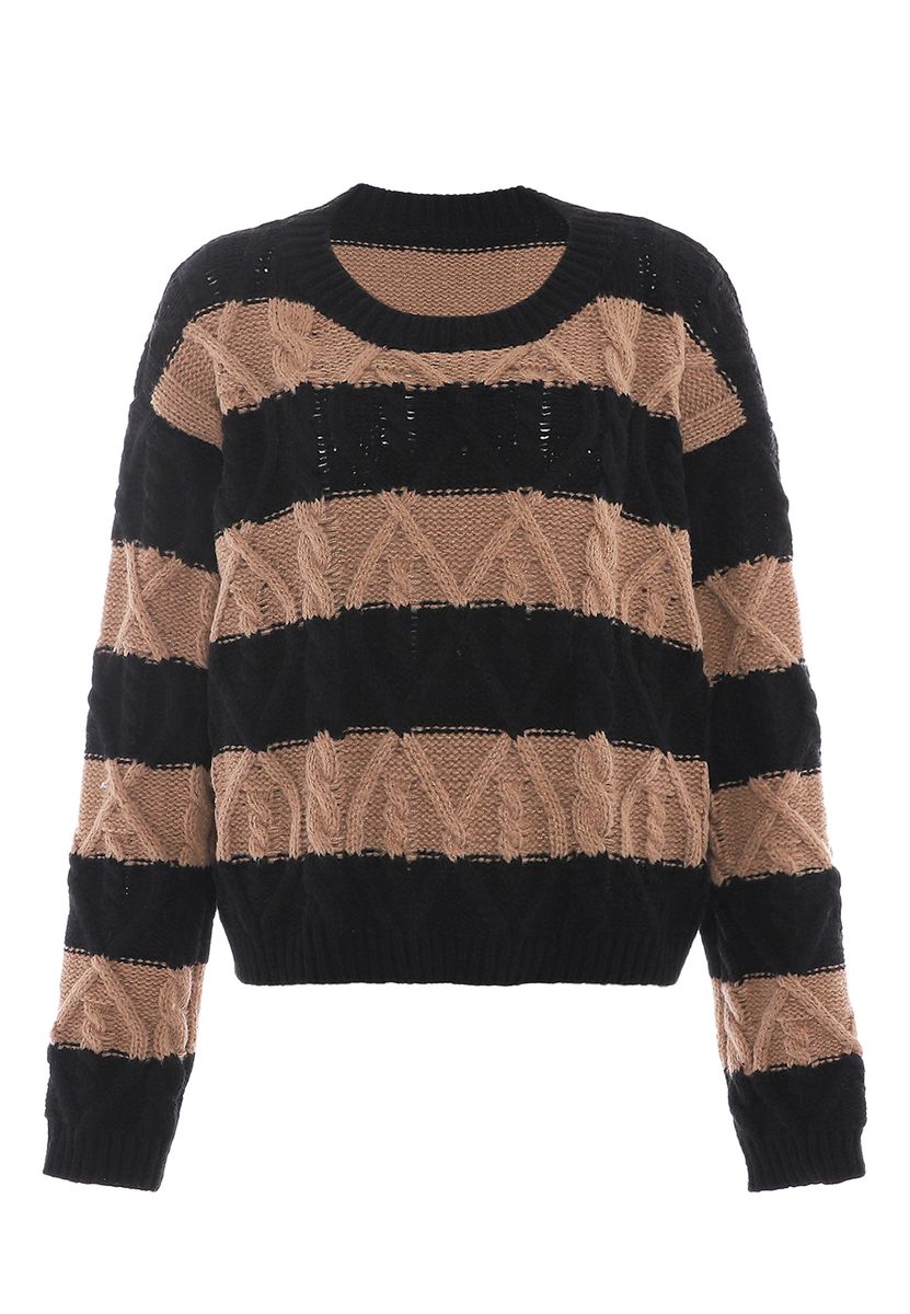 Gestreifter Grobstrickpullover mit Zopfmuster