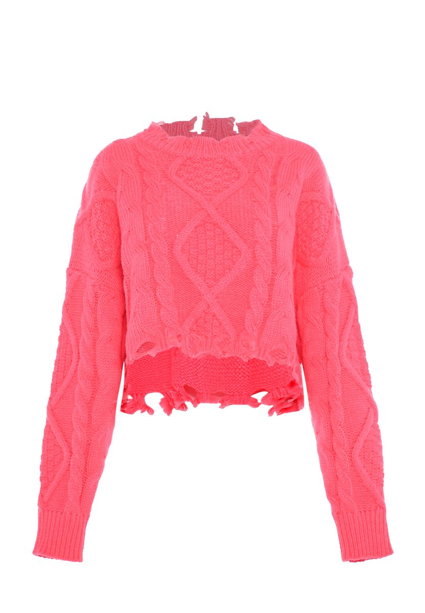 Verkürzter Distressed Zopfmuster Pullover