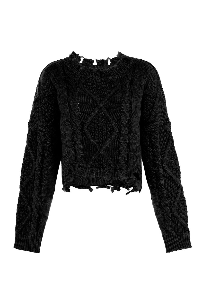 Kurzer Zopfstrickpullover im Distressed-Look
