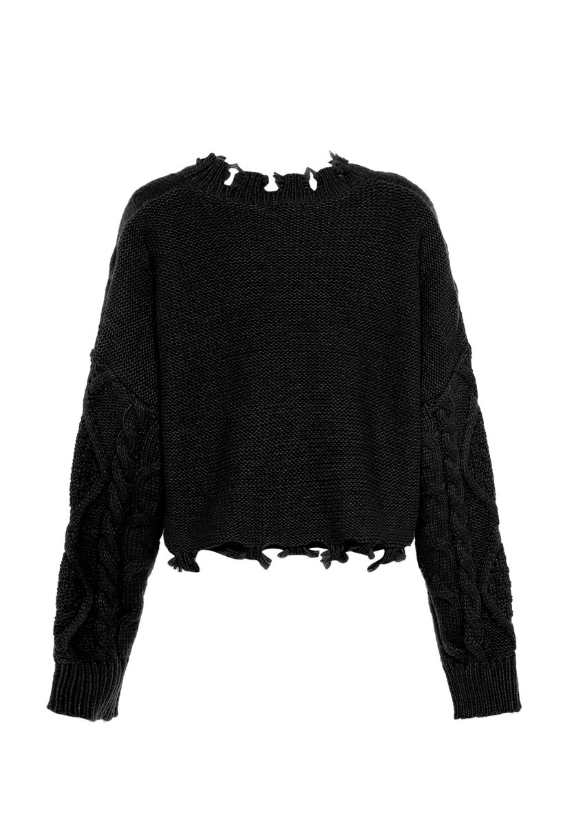 Kurzer Zopfstrickpullover im Distressed-Look