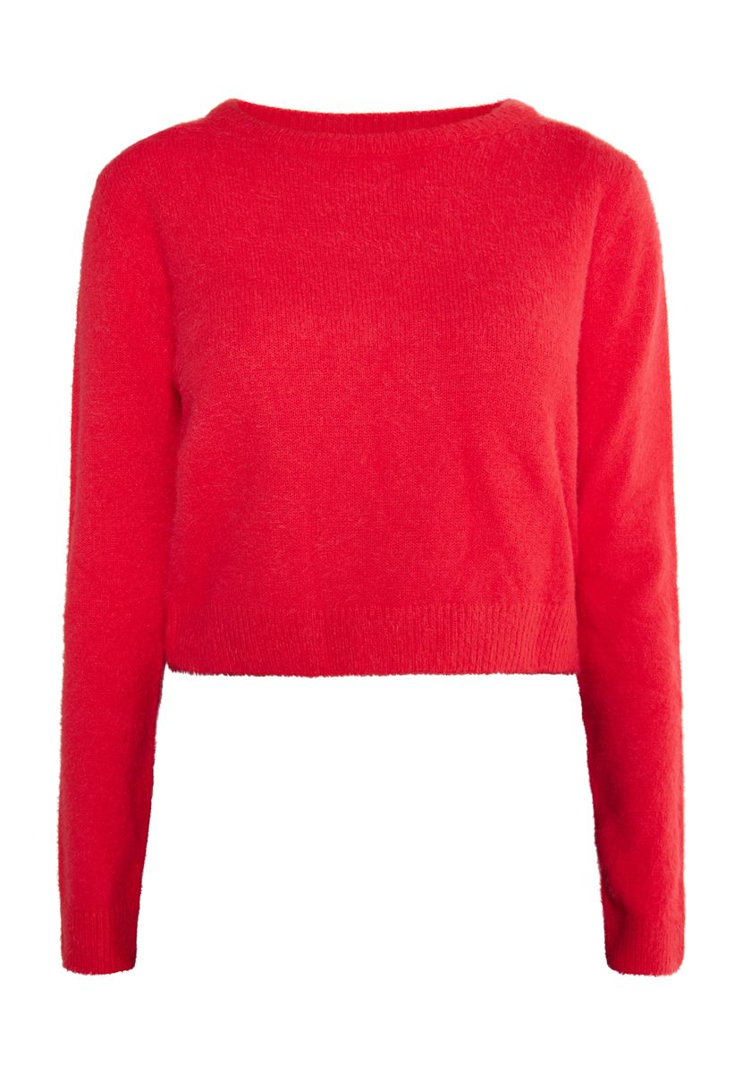 Flauschiger Kurz-Strickpullover mit Rundhals