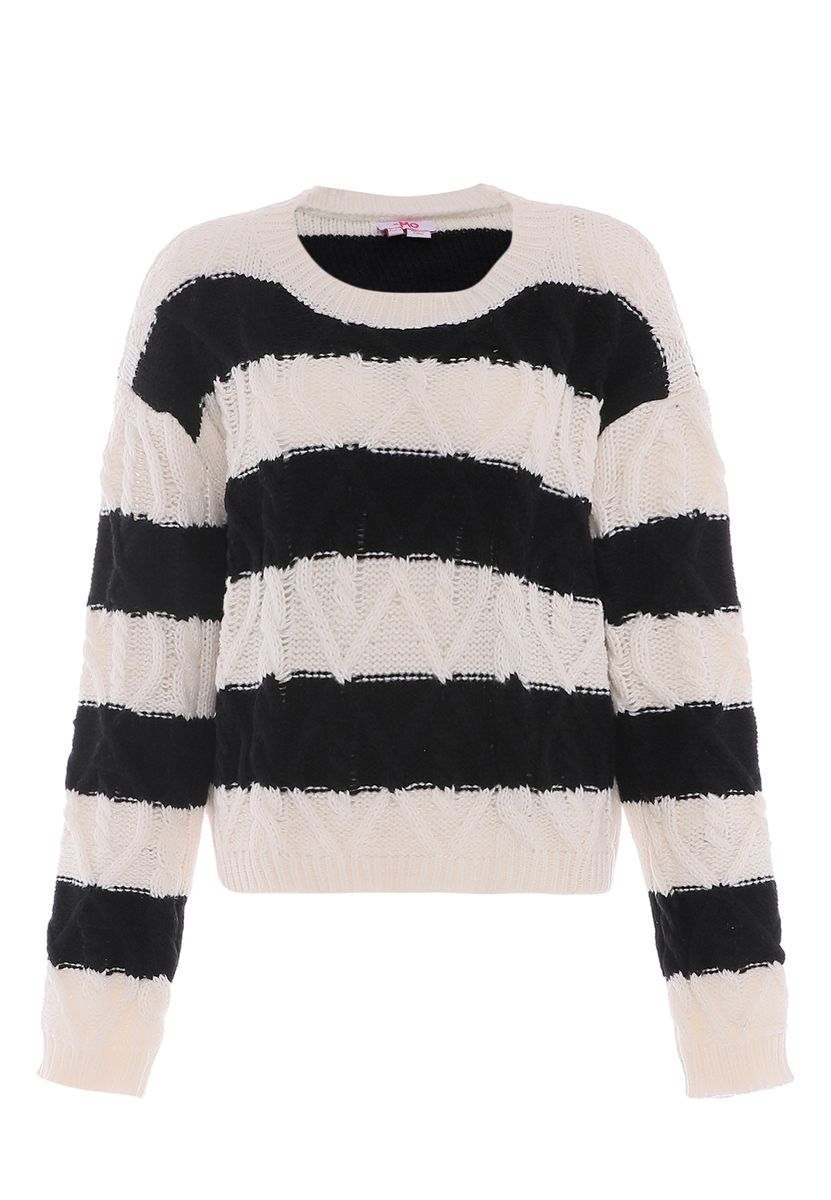 Gestreifter Zopfstrickpullover mit Struktur