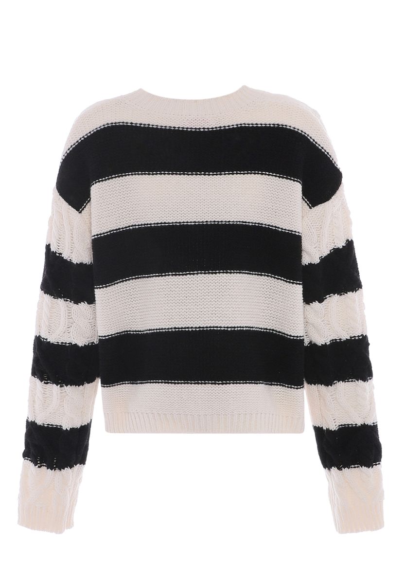 Gestreifter Zopfstrickpullover mit Struktur