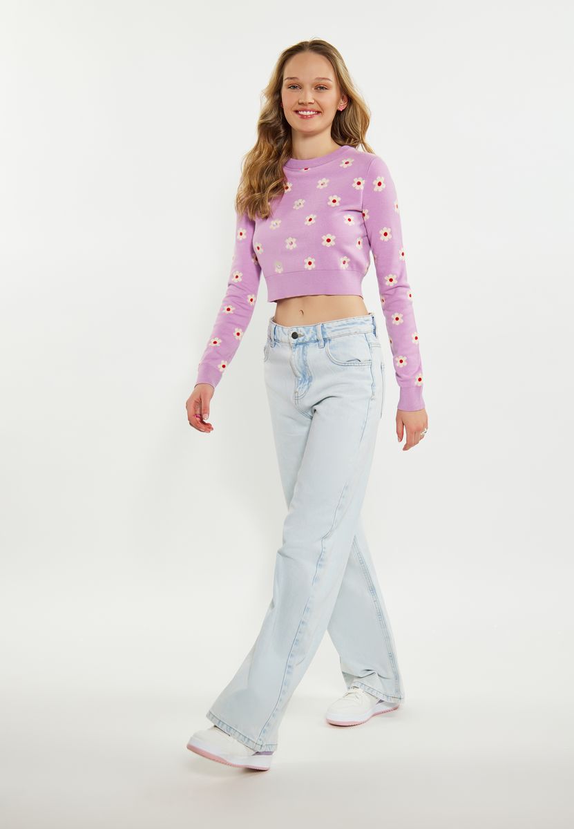 Kurzer Jacquard-Strickpullover mit Blumenmuster