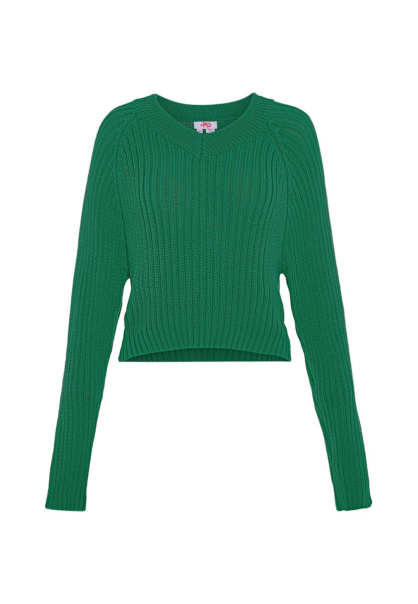 Kurz geschnittener Rippstrickpullover mit V-Ausschnitt